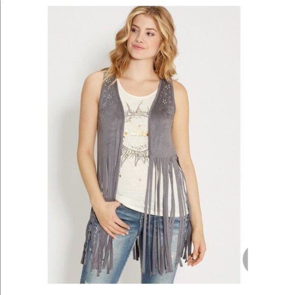 Maurice's Faux Microsuede Fringed Laser Cut Open Front Vest Grey Size Small - Picture 2 of 8